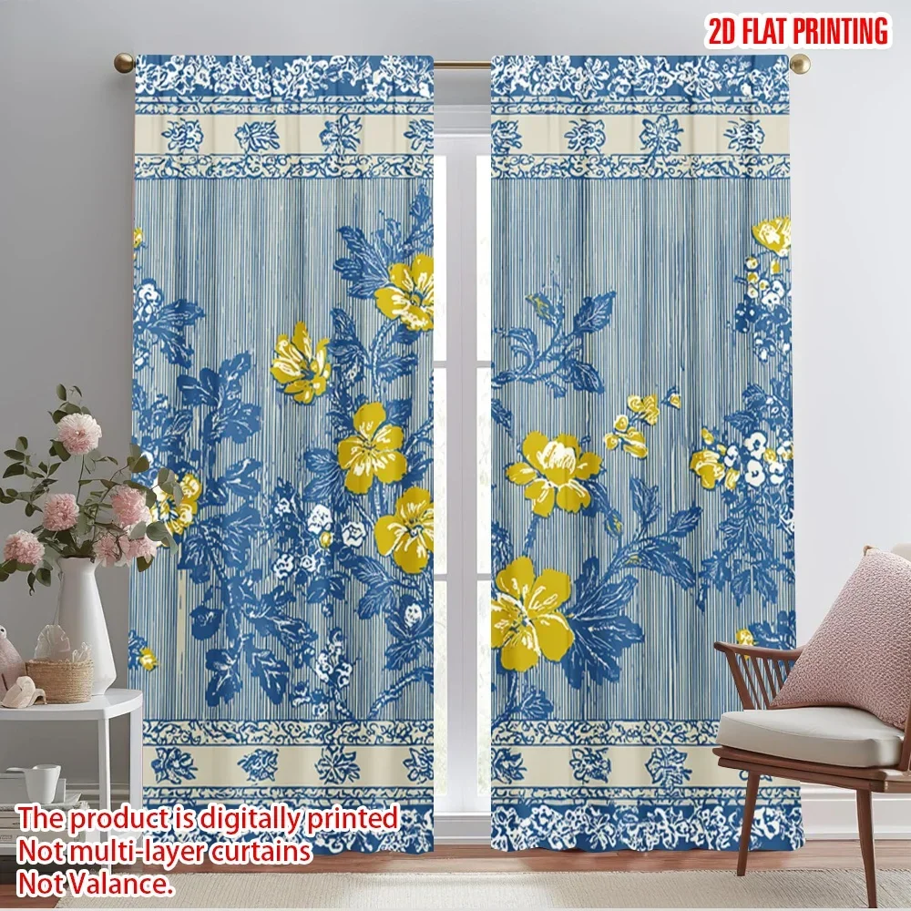 2pcs,2D plane printing Print Curtains Blue Yellow Floral Stripes Polyester (without rod) Decorations Inside Use for Bedroom,