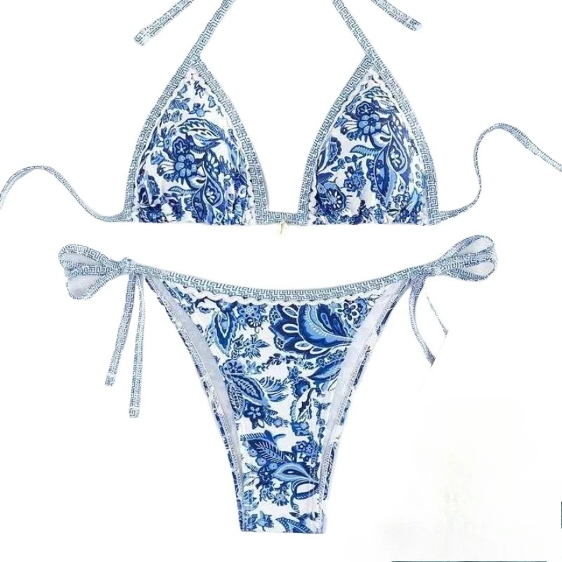 Blue and White Porcelain Printed Sports Bikini Halter Swimsuit Set 2026 European American Style Two-Piece Suits Swimming Wading