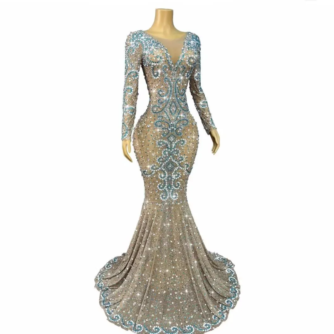 Robe de luxe élégante et lourde, strass scintillants, robes en maille pour femmes, bal de promo, tapis rouge, vêtements de scène pour séance photo