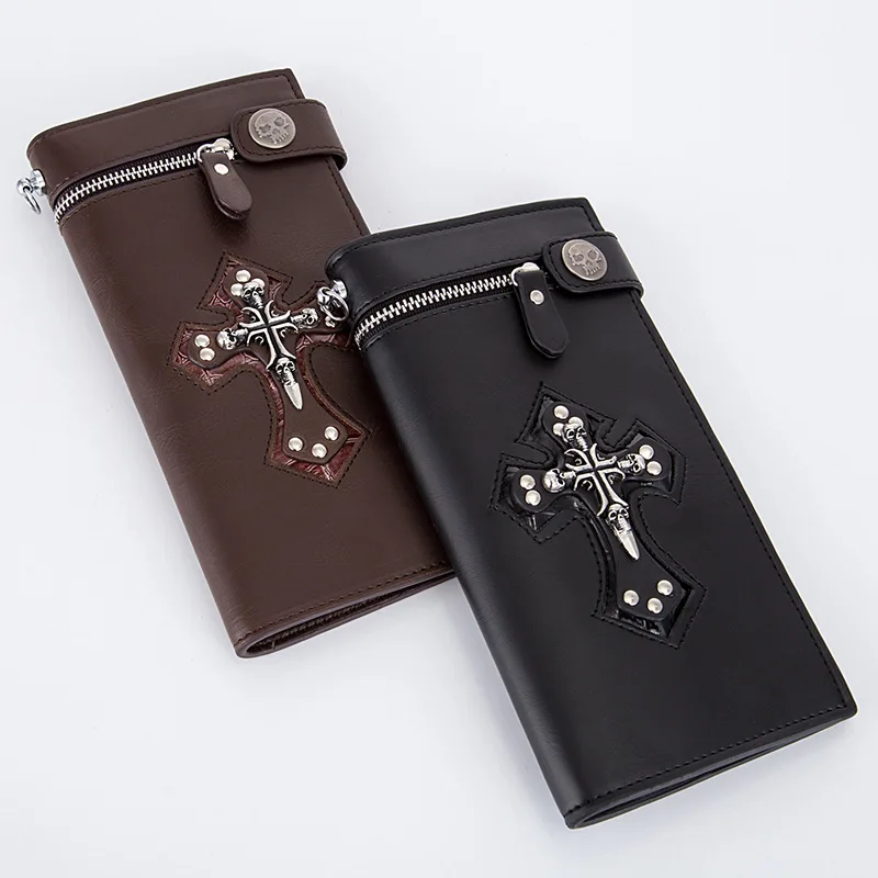 Men's Chain Wallet Long Punk Skull Cross, Retro Wallet Card, Anti-Theft Card Holder Clutch