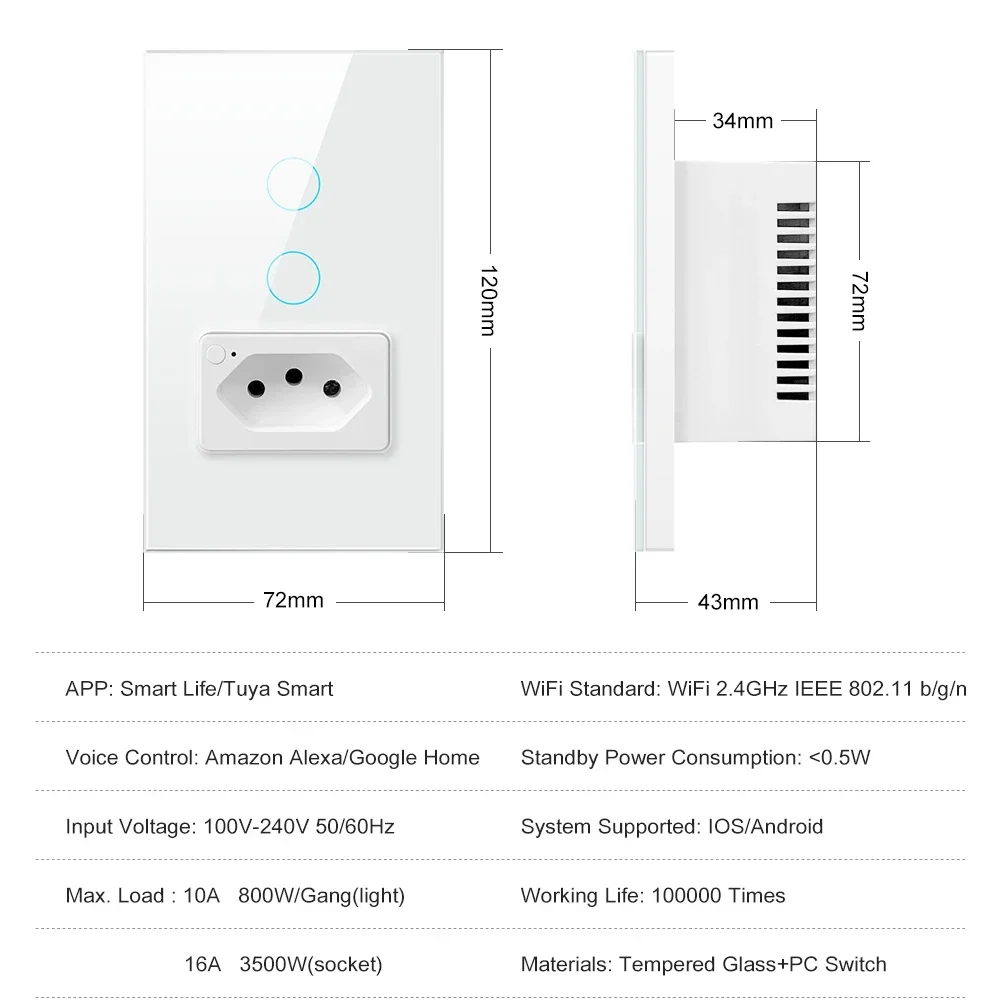 Tuya Wifi Smart Brazil Light Switch Wall Socket Plug Outlet 1/2 Gang Touch Sensor Glass Works With Smart Life Alexa Google Home