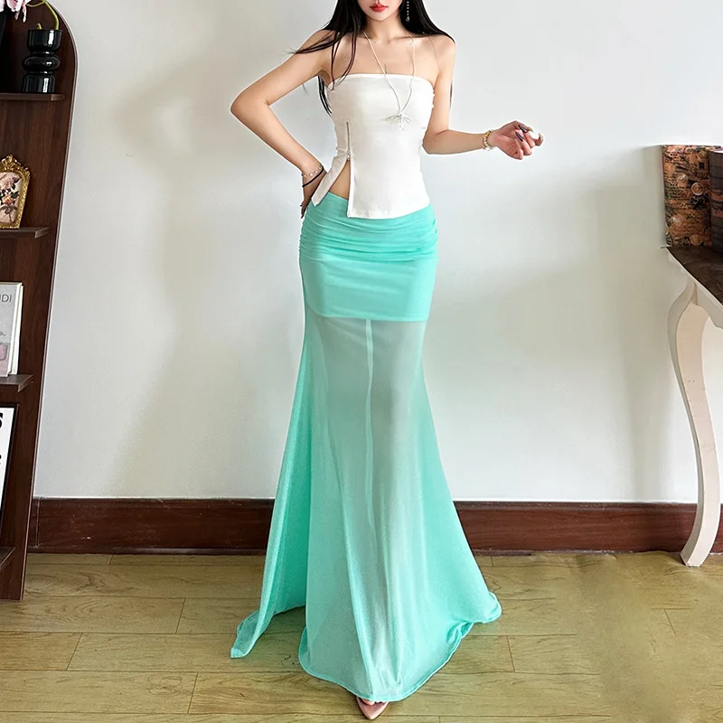 2026 New Summer Retro Women Blue Slim Transparent Party High Waist Long Skirt Streetwear Woman Vintage Y2k Kawaii Lace Up Skirts