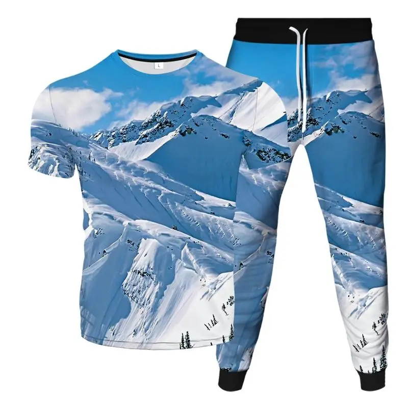 Prachtig Landschap Berg Maan Boom Planeet Bloemenprint Mannen Casual Kleding T-Shirt Jogging Broek 2 Stuks Set Trainingspak Maat S-6XL