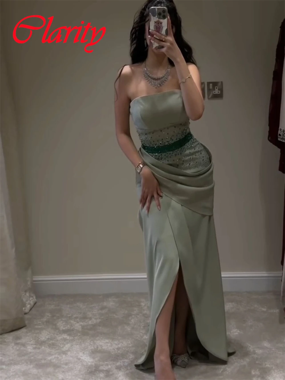 

Customized Exquisite Green Jersey Evening Dress Elegant Strapless Sleeveless Front Slit Zipper Back Special Occasion Gowns