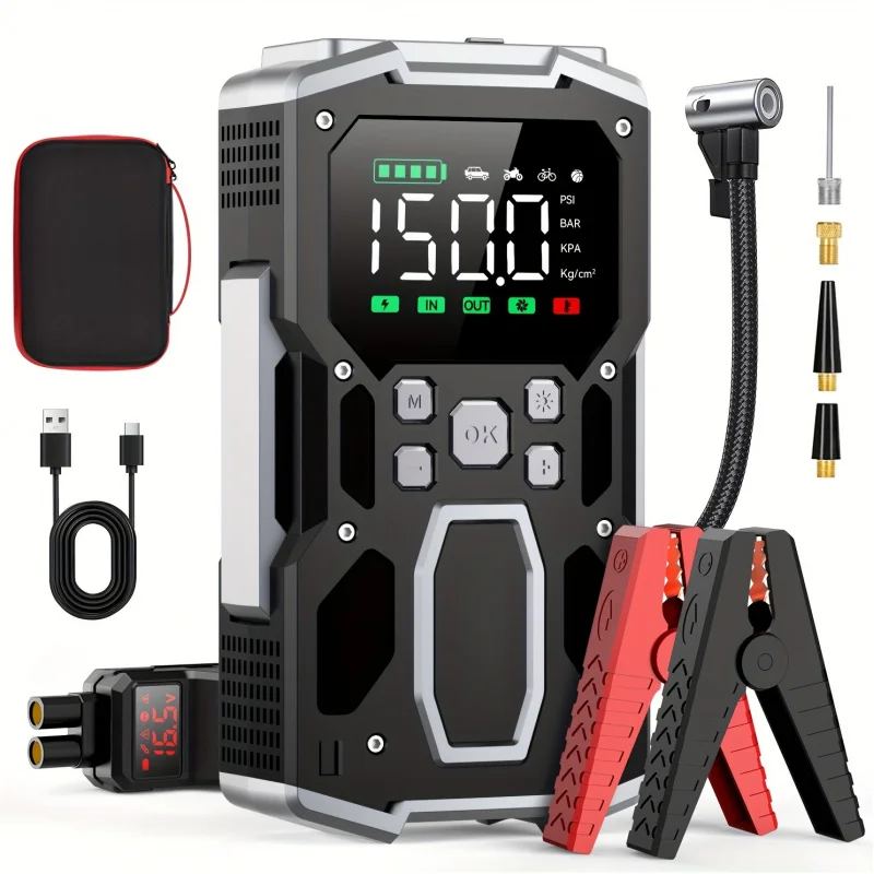 5000A battery booster with cordless tire inflator, 26800mAh power bank with LED flashlights, 12V auto jumper box