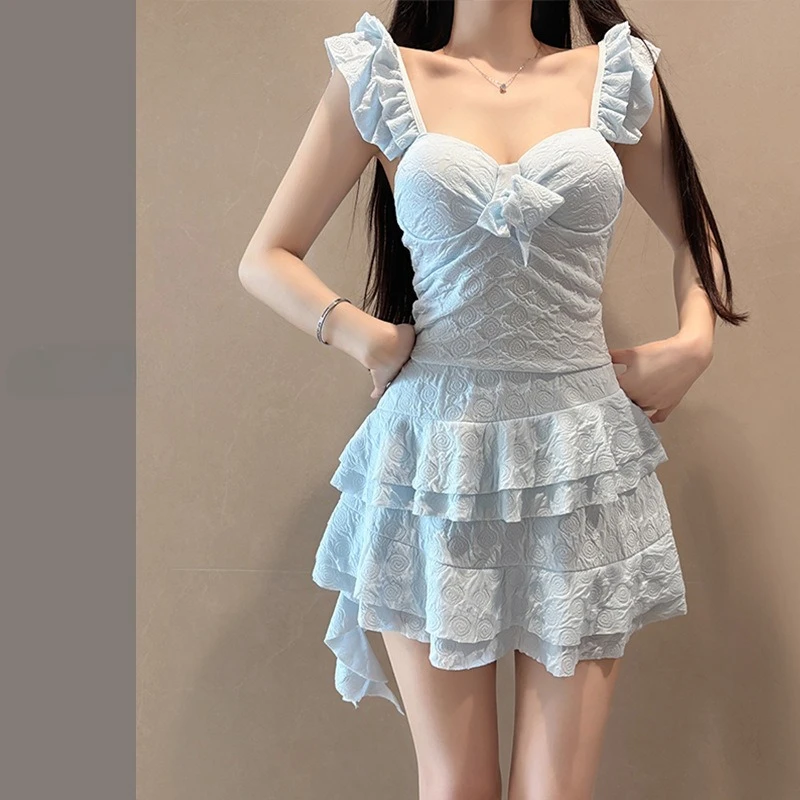 

Сексуальные синие корейские модные купальники с бантом, цельные боди с оборками, мини-платье, брюки-кюлоты, бикини, мягкие купальники, пляжная одежда