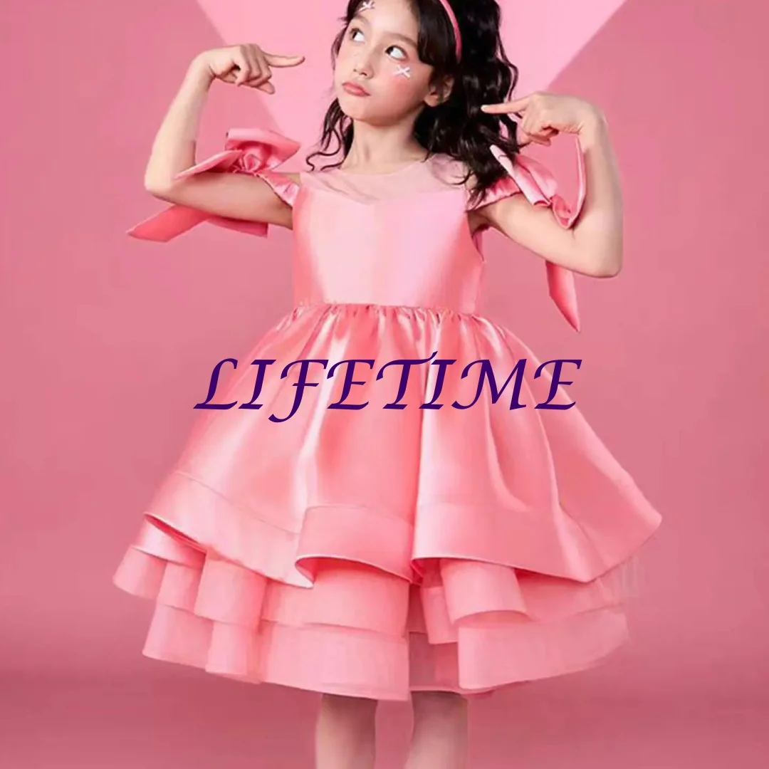 

CustomizedElegant Pink Satin Flower Girl Dress with Bow Princess Kids Wedding 1st Birthday Pageant Party Evening Gown