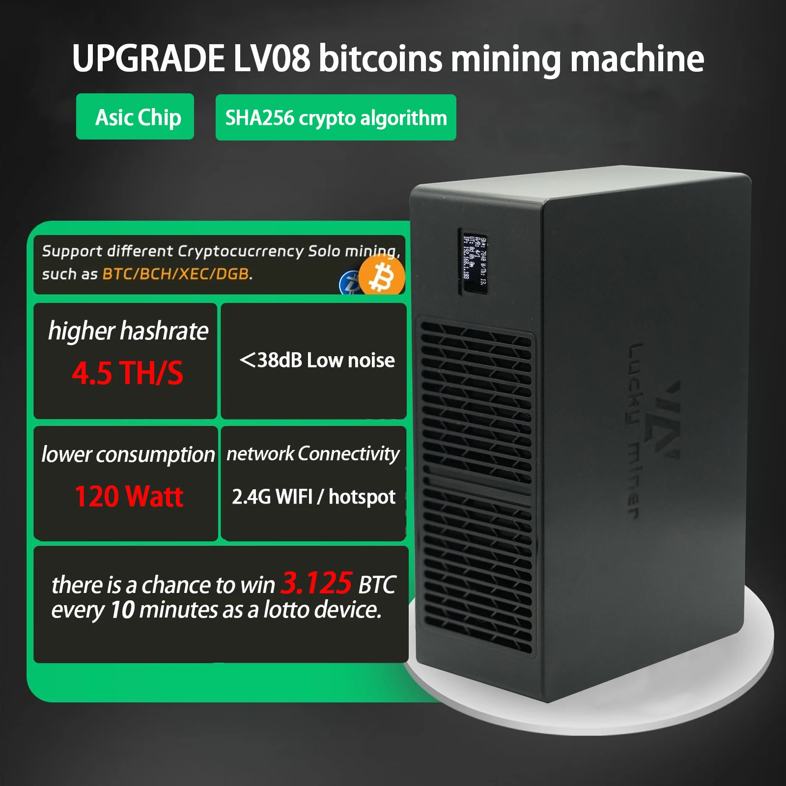 Bitcoins 마이너 솔로 마이너 Lv08 업그레이드 Asic 칩 Sha-256 Btc 복권 암호 마이너, 4500Gh/S 럭키 마이너 2.4g 와이파이 120 와트, 4.5Th/S