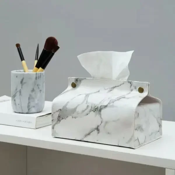 Tissue Case Box Container PU Leather Marble Pattern Napkin Holder Tissue Box Papers Bag Cosmetic Box Case Pouch Organizer