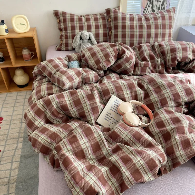 Winter New Year's Plaid Stripe Double Flower Cloud Kapok Four-Piece Set Button Dormitory Bedding Kit