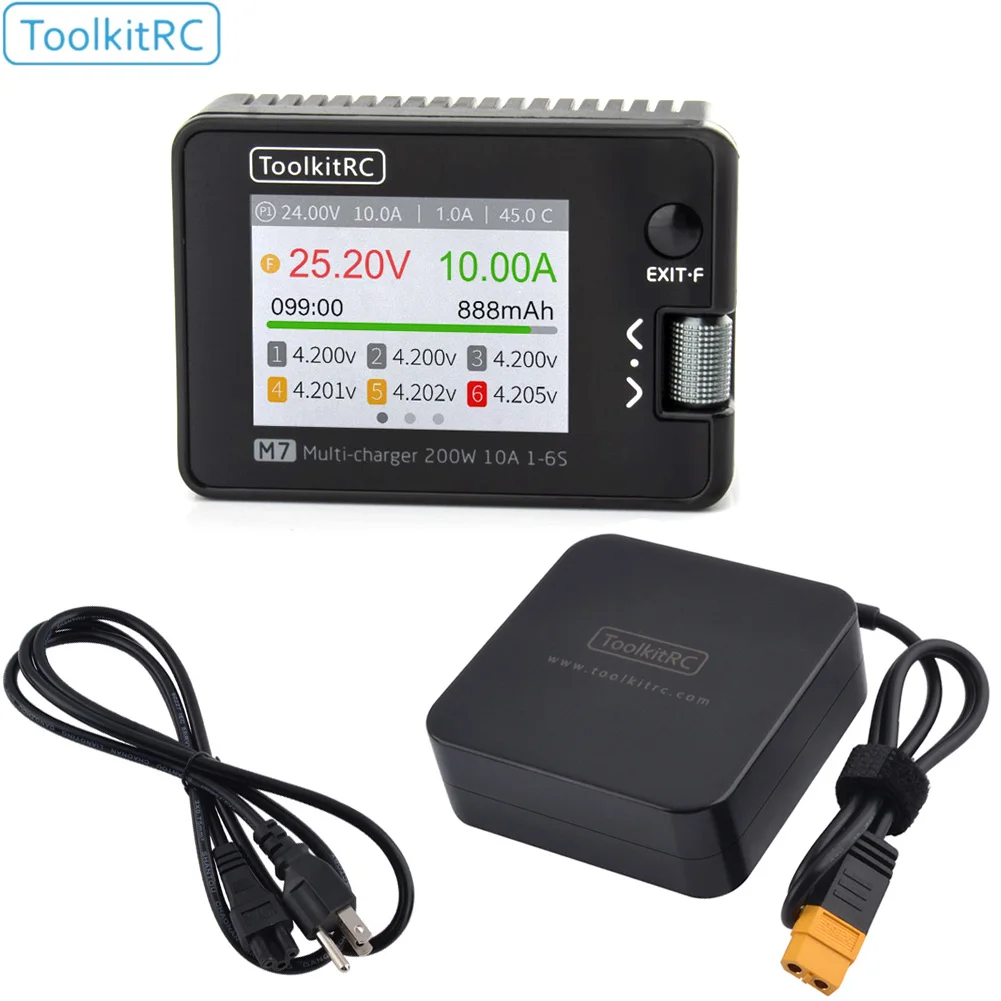 ToolkitRC M7 200W 10A Balance Charger Discharger With ADP100 for 1-6S Lipo Battery Voltage Servo Checker Receiver Signal Test