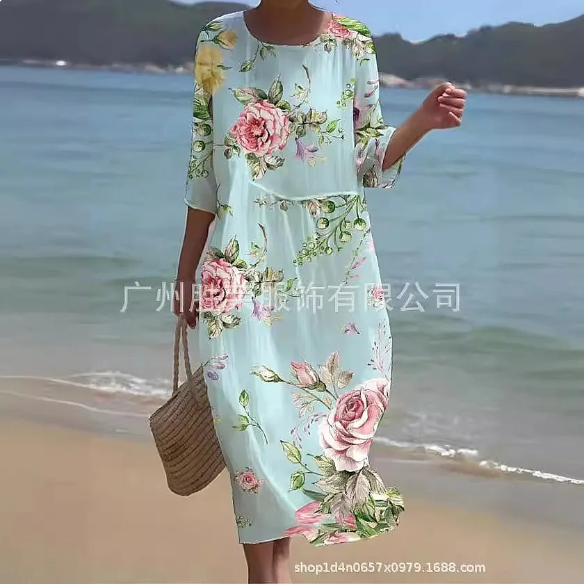 Floral Print Dress Dresses Spring Summer Round Neck A-Line Midi Dress Women Casual Party Wear