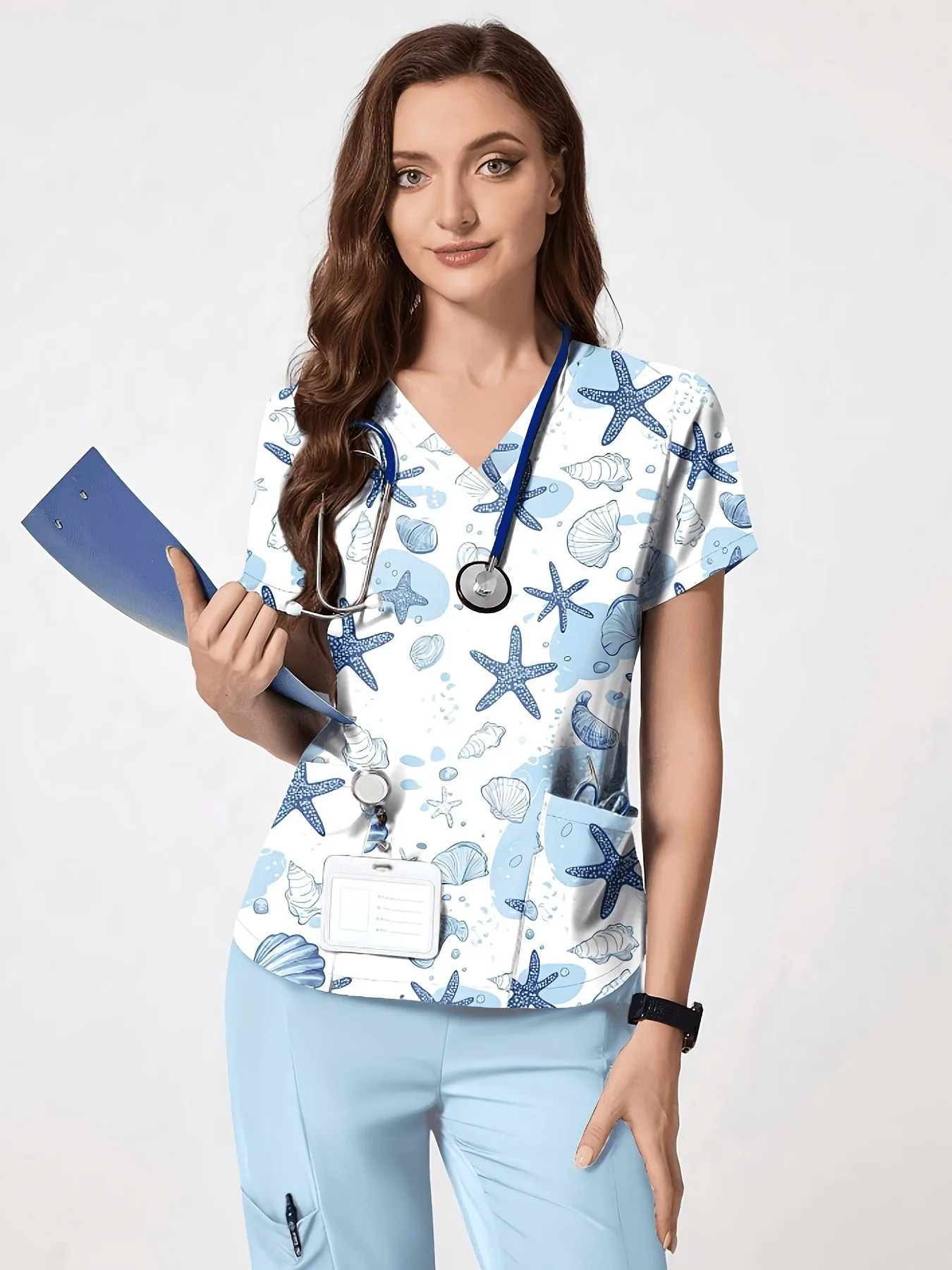 2026 Summer New Fashionable Casual Comfortable Versatile 3D Starfish Pattern Printed Women's Nurse Uniform