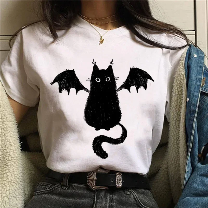 Halloween Cat Black Cat Trend Simple T-shirt Casual Retro Short-sleeved Women's T-shirt Tops  Graphic T Shirts Aesthetic Clothes