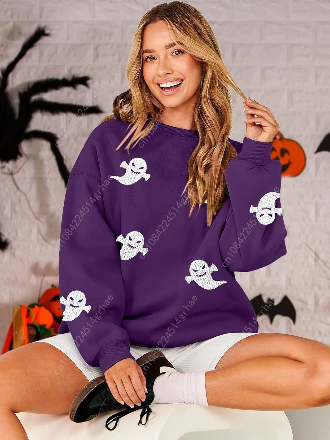 Women Halloween Sweatshirt Oversized Sequin Ghost Shirts Spooky Season Halloween Sweater Crewneck Fall Pullover Tops