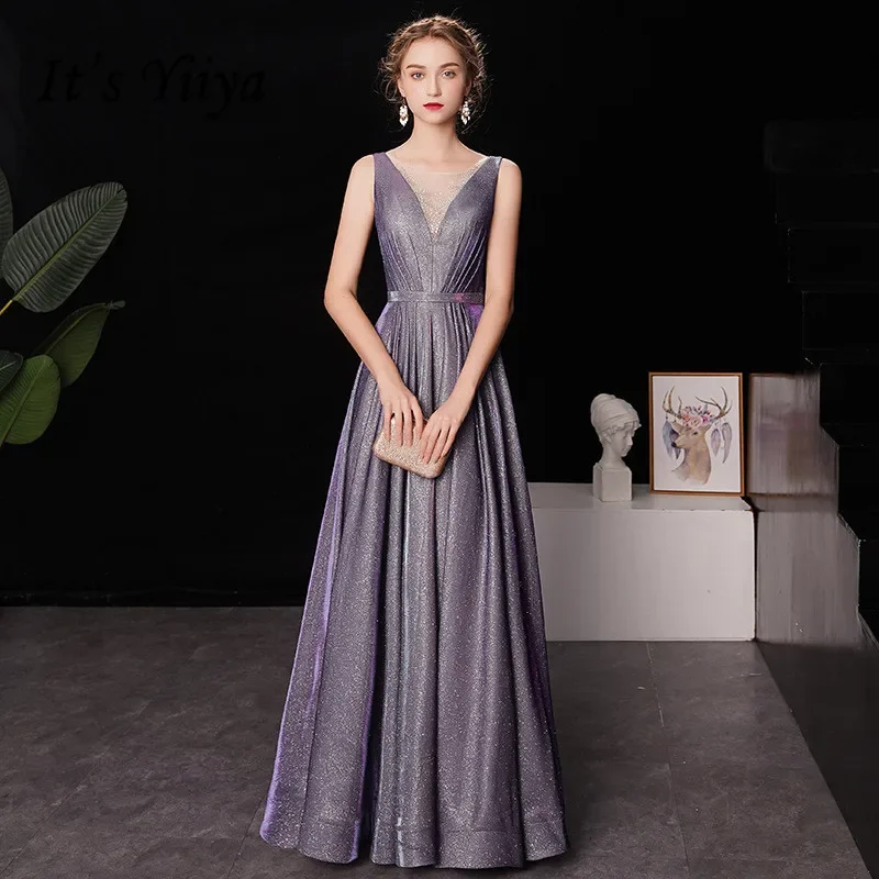 It\'s YiiYa Evening Dress Shining Gradient Color Purple Formal Dresses Little Crystal V-neck Tank Lace Up Long Party Gown E034