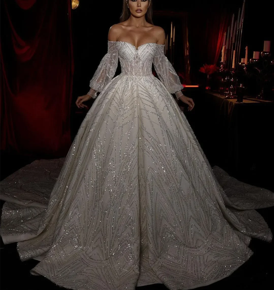 Customized Luxurious Shiny 3D Lace Sequins Women's Dance Dress Long Sleeved Sweetheart Collar Backless Sexy Beach Bride Dress