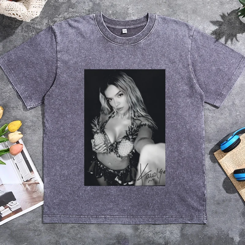Karol G Tropicoqueta T-Shirt Latin Music Reggaeton Graphic Tee Bichota Streetwear Vintage Washed Round Neck Printed Tshirts