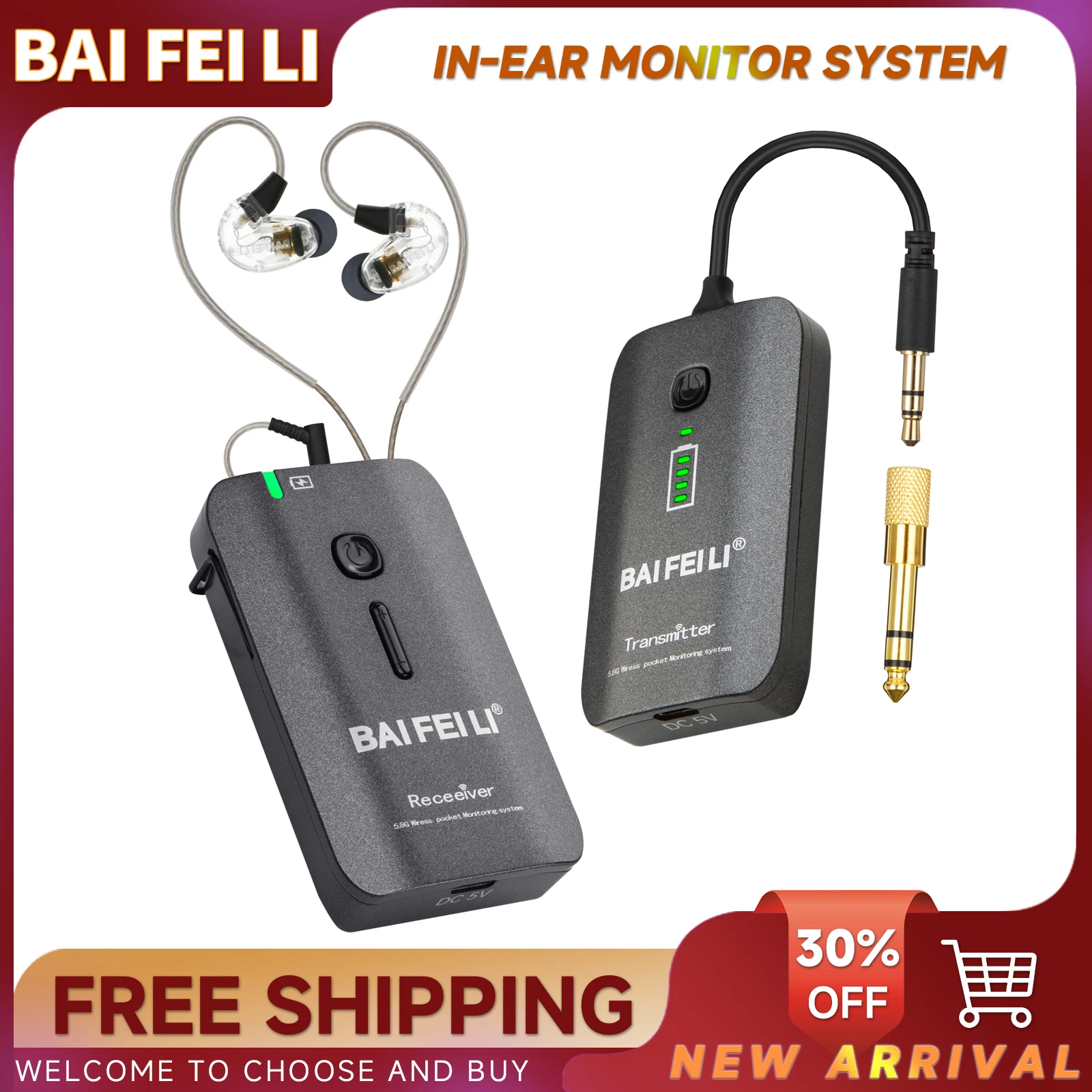 BAIFEILI DH-9 5.8G Wireless Earphone Monitor Rechargeable Transmitter Receiver for Studio Band Live Performance