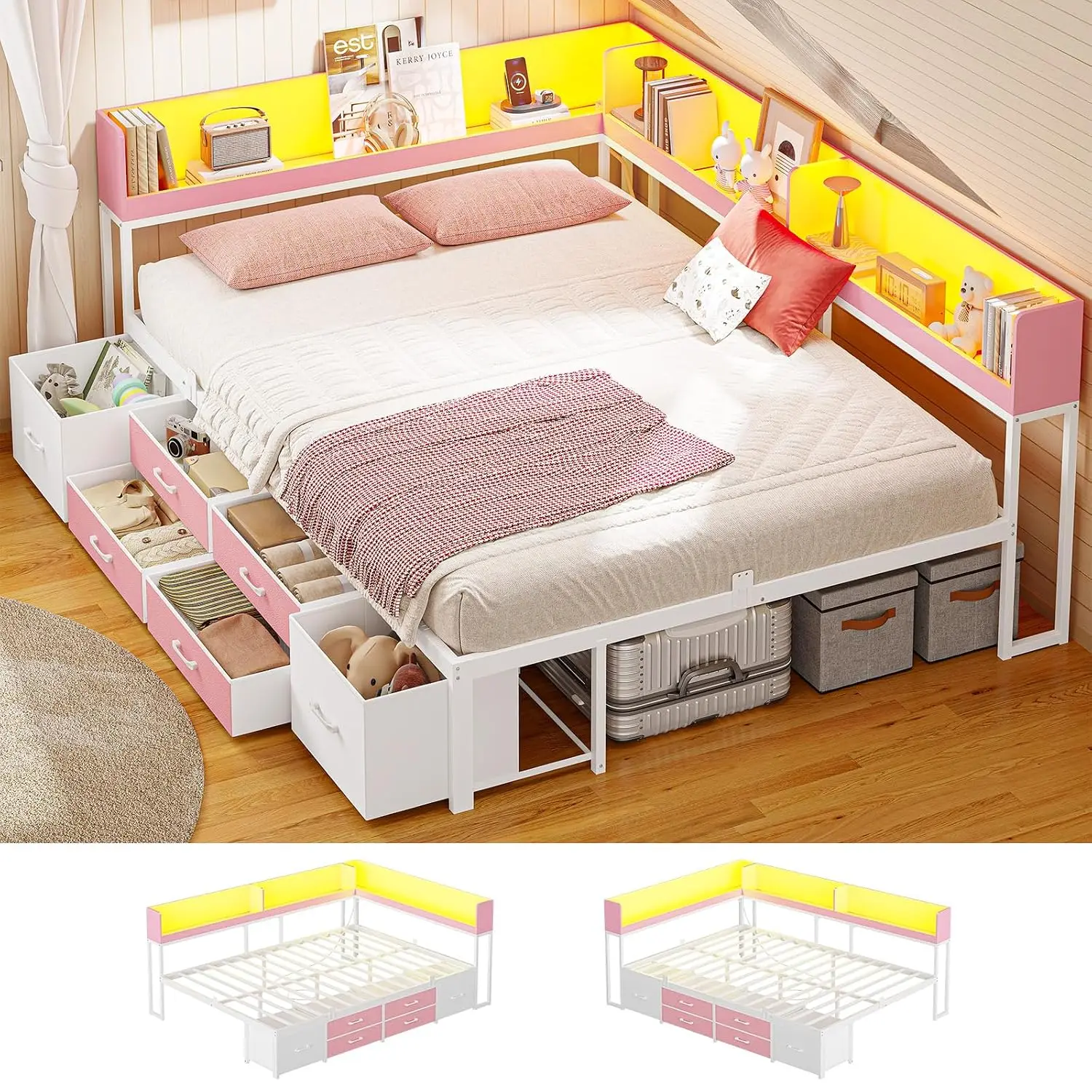 14 Inch Corner Metal Daybed with Bookcase, 6 Drawers, Charging Station & LED Light, Full Size for Kids Teenagers, Customized