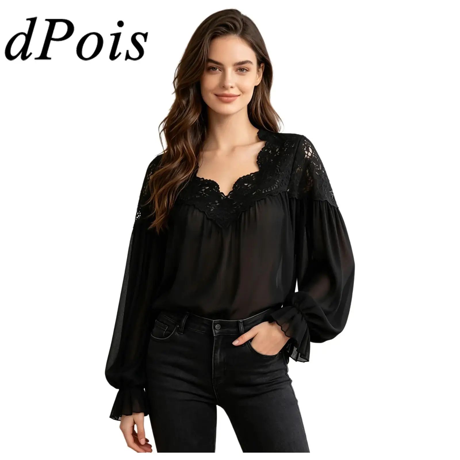 

Womens Blouses Embroidered Lace Chiffon Blouse V Neck Long Puff Sleeve T-shirt See Through Cover-up Top for Going Out Vacation