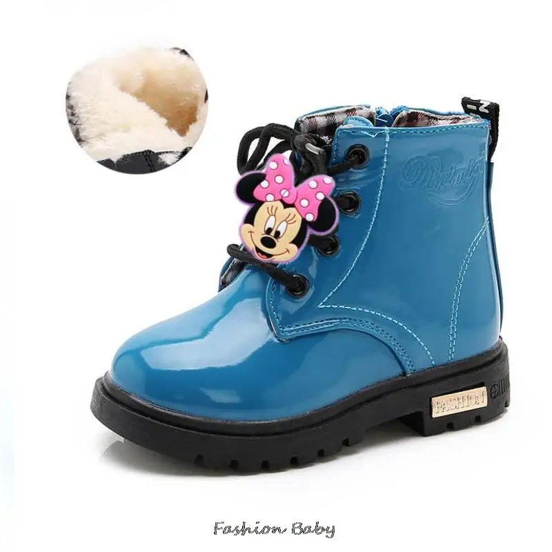 Disney Minnie Mouse Winter Girls Fashion Princess Snow Fur Boots Sequins Kids Plush Warm Non-Slip Shoes For Children