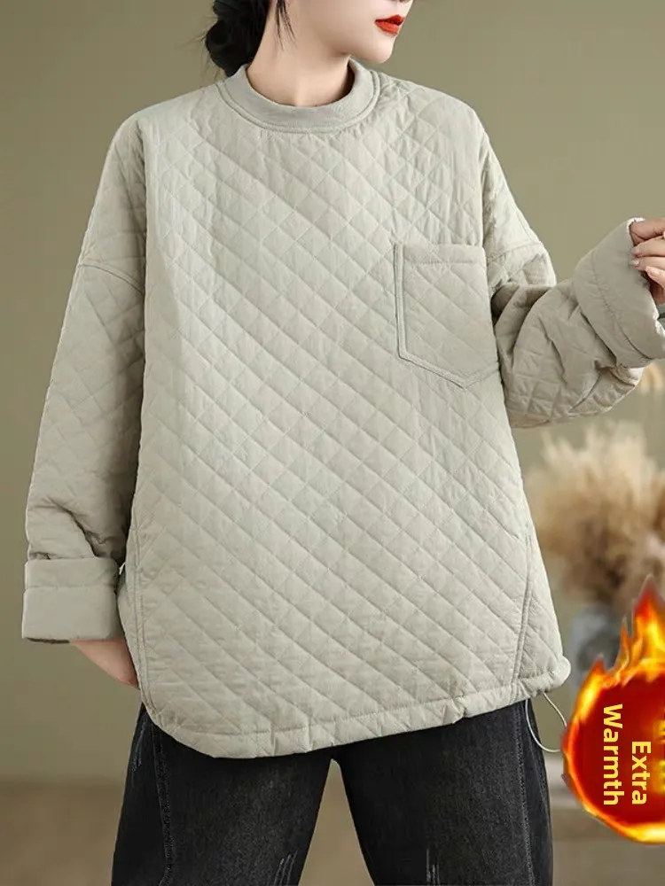 

plus Size Thiened Quilted Cotton Sweatirt Women's Autumn Winter Loose Lazy Sle Casual Versatile Warm Cotton Jaet