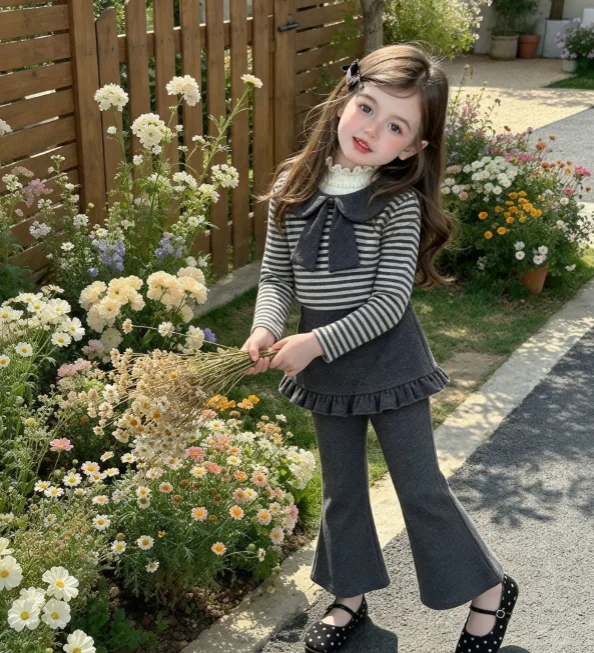 Girls' Suit 2026 Autumn and Winter New Children's Clothing Korean Style Girl Baby Striped Doll Collar Top Skirt Pants Two Sets