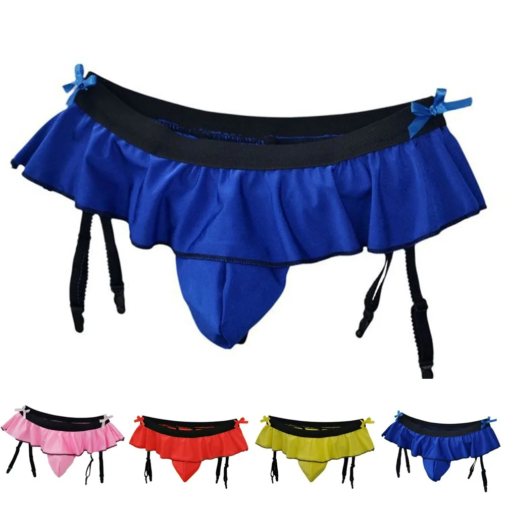 Thongs Skirt Men Sexy Fashion Ruffled Decor Briefs Thongs 4 straps Suspender Sock Clip Underwear Sissy Panties Gay Underpants