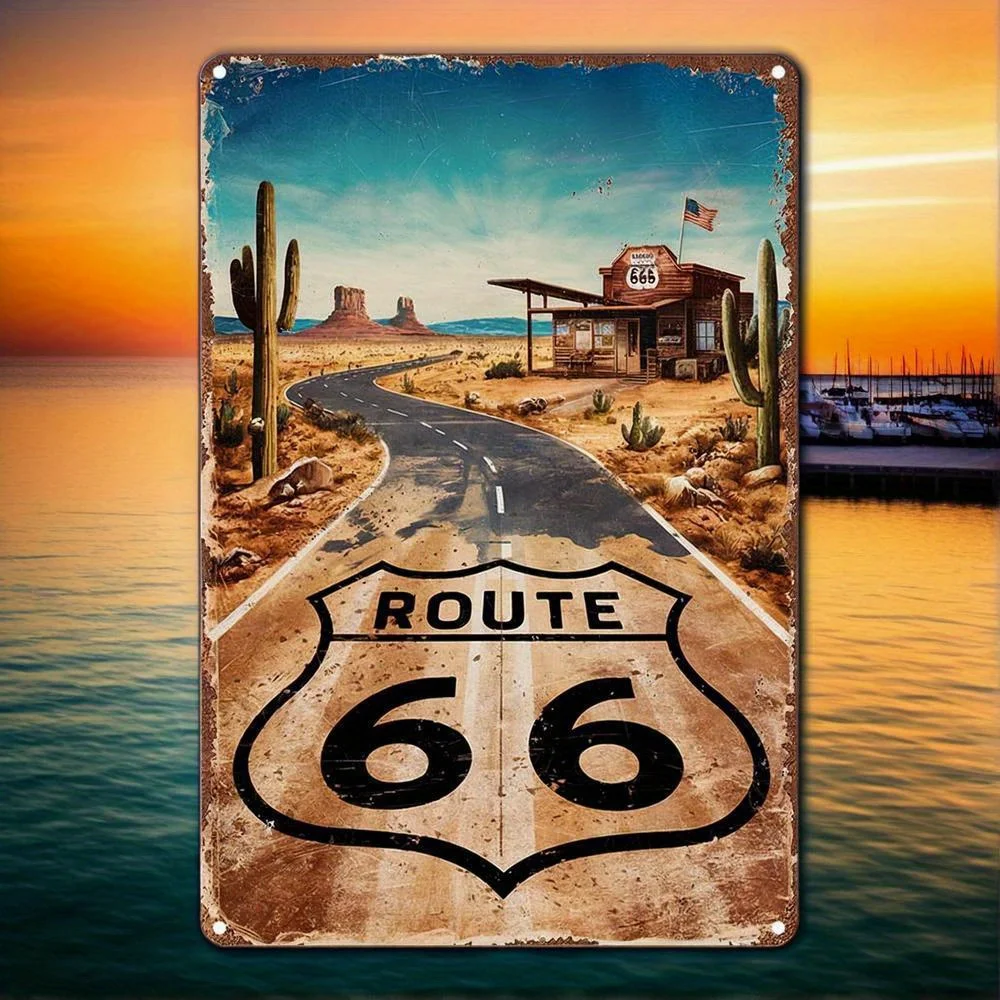 Vintage Route 66 Metal Sign - Rustic Iron Wall Art with Desert,Cacti Design, for Cafe, Kitchen, Club, Bar, Home Decor