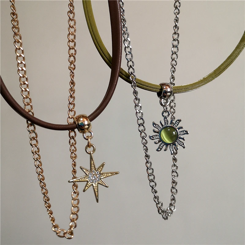Mode Sonne Stern Zirkon Halskette Für Frauen Vintage Leder Halsband Halskette Doppel Layered Stern Anhänger Schmuck Verstellbare Kette