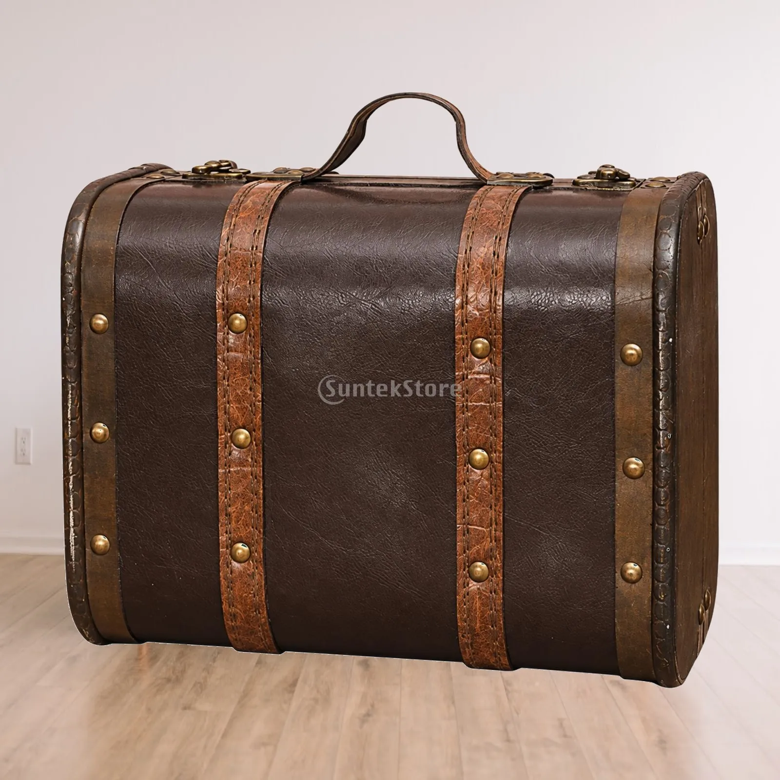 Antique Finish Wooden Storage Case Decorative Suitcase Box for Living Room Warmth and Character Display