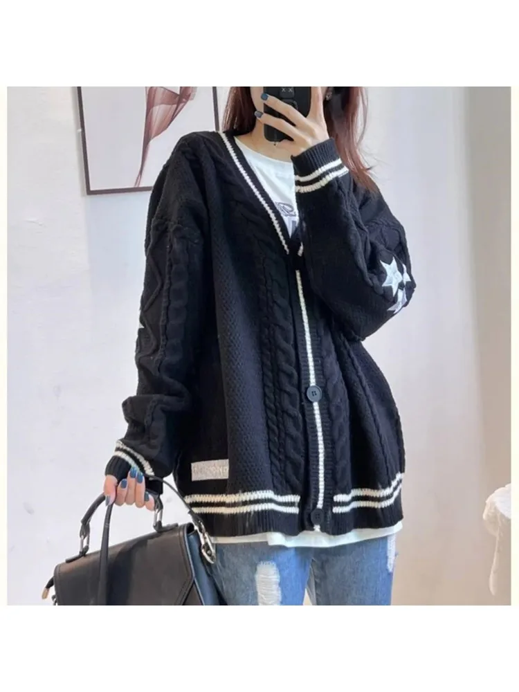 Swetry Streetwear Vintage Casual Single Breasted Long Sleeve Top Women Winter Loose Knitted Cardigans Coat Star Embroidery