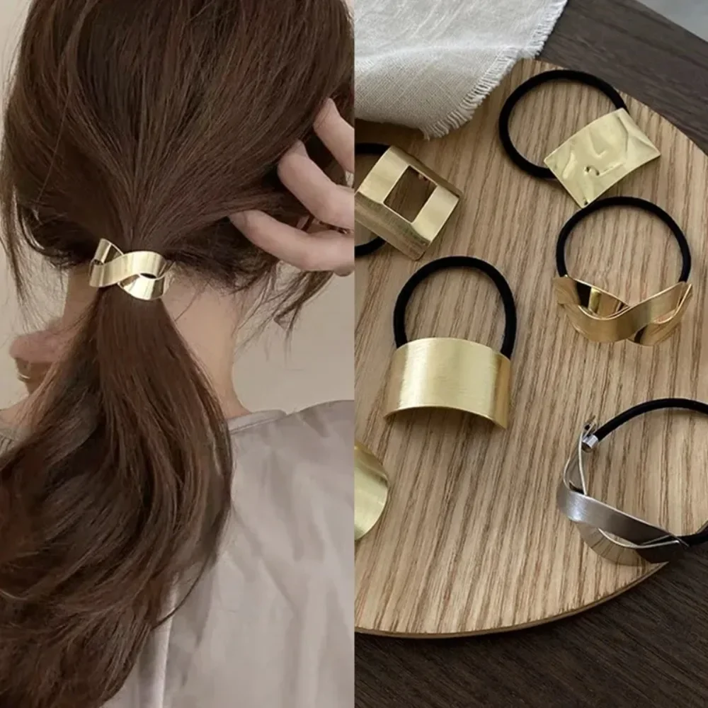 Geometric Hollow Gold Hair Rope Elegant Korean Metal Ponytail Holder High Elasticity Hair Ornament Rubber Band