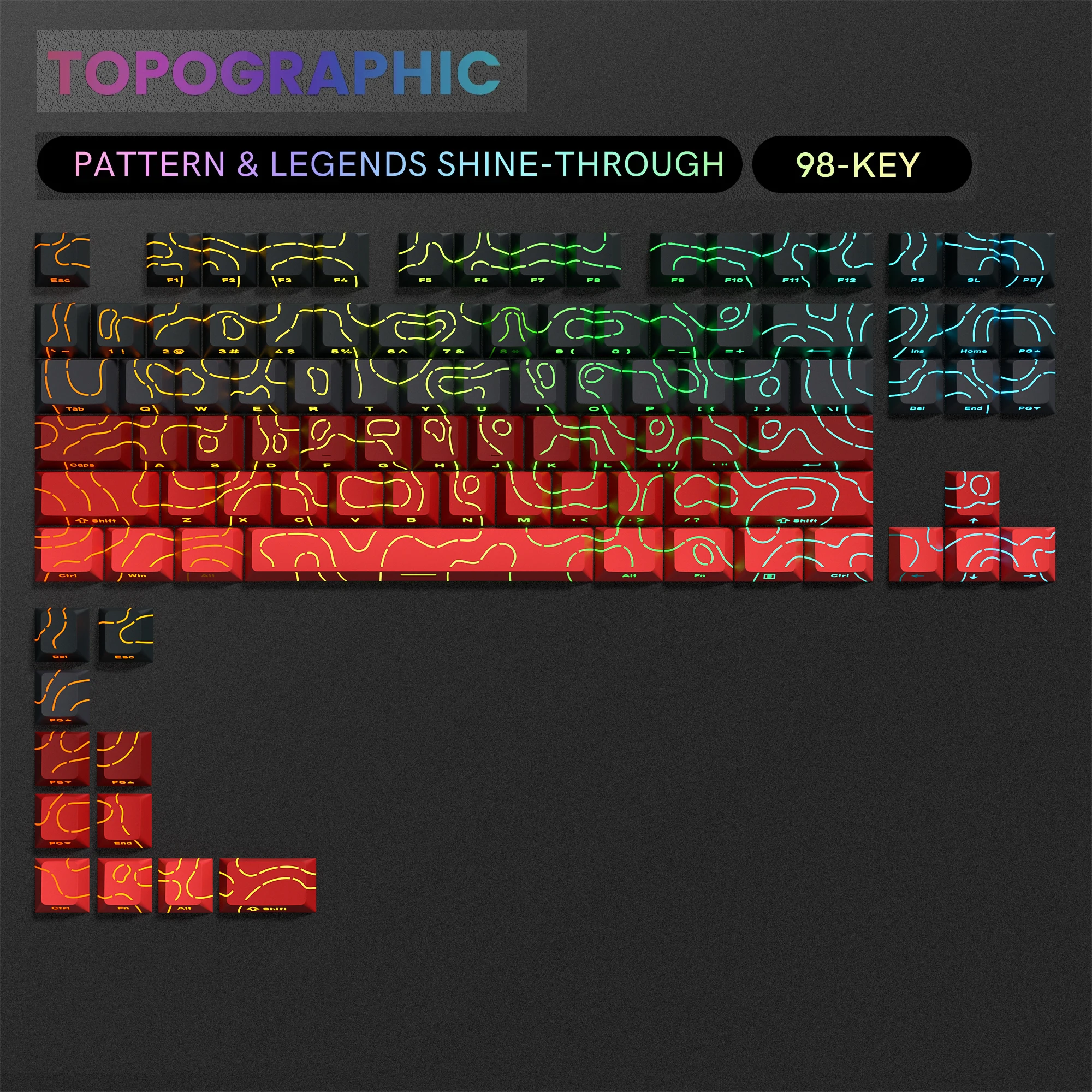

Red Topographic Double Shot PBT Keycaps Side Printed Shine Through Keycaps 98 Key Cherry Profile for MX Switches Gaming Keyboard