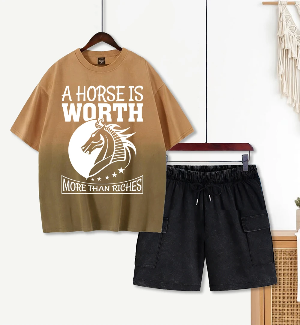 

Женский комплект футболок с принтом «A Horses Is Worth Printing» в стиле тай-дай, хлопковые шорты с эффектом потертости, футболки оверсайз в стиле Y2K, летние дышащие топы