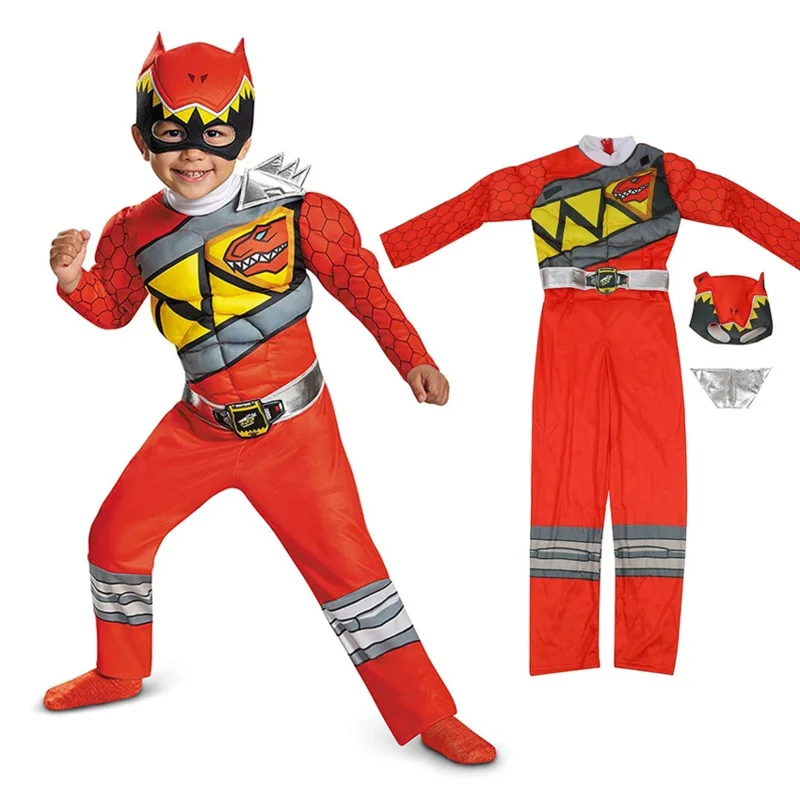 Dinosaur Team Red Power Dino Charge Ranger Superhero Muscle Jumpsuits Suits Cosplay Halloween Costume for Kids Child Headgear F1