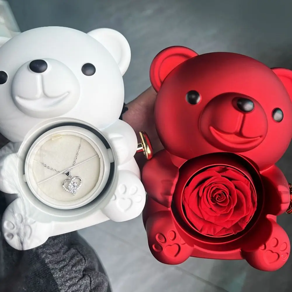 Criativo rotativo rosa caixa de jóias sabão flor rosa urso presentes caixa colar vermelho anel de armazenamento caso de presente para mulher