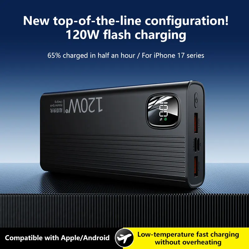 

120 Вт, 200000 мАч, ультратонкий портативный аккумулятор с быстрой зарядкой, цифровой дисплей большой емкости для iPhone 17 Xiaomi 2026, новинка