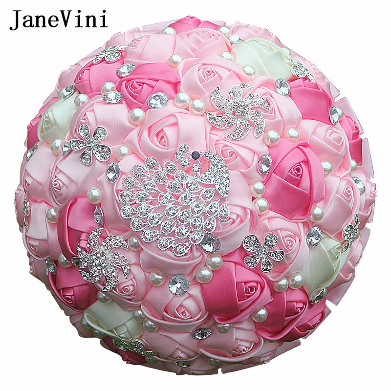 JaneVini Elegant 24cm Pink Bridal Flowers Bridesmaid Bouquets for Wedding Silver Jewelry Brooch Pearl Crystal Flower Bouquet