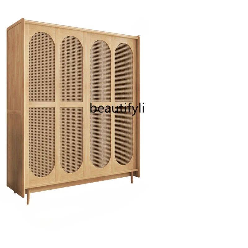 Retro Style Solid Wood Sliding Door Wardrobe Household Bedroom Small Apartment Clothes Storage Cabinet Locker Rattan Wardrobe