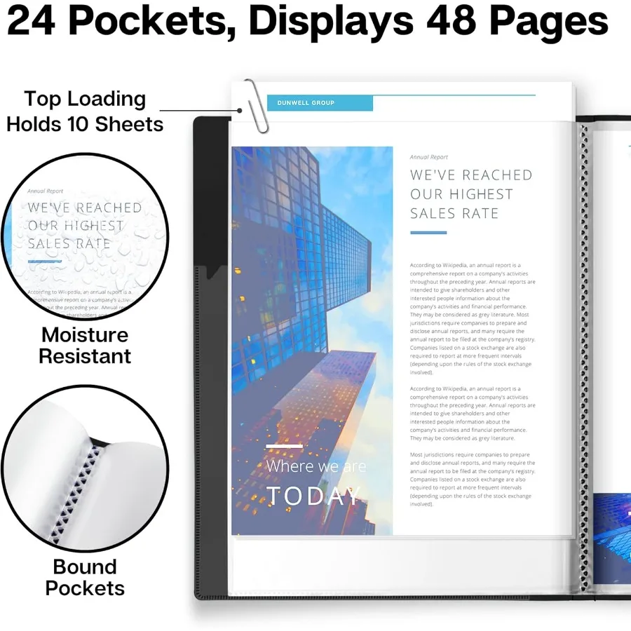 كتاب عرض دونويل 9 × 12 مجلد أسود 24 جيبًا بأكمام بلاستيكية لعرض 48 صفحة من 9 × 12 أو وثائق A4 Ce