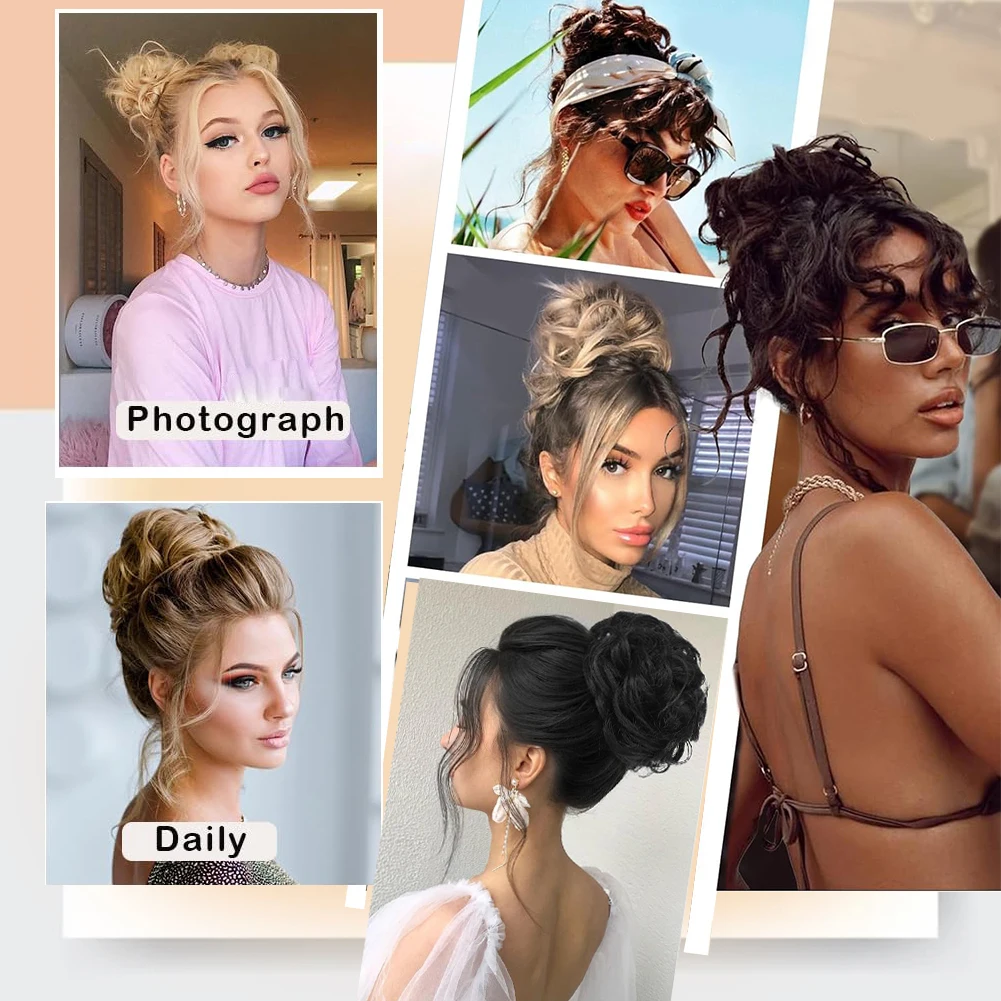 Pedaço de cabelo bagunçado para mulheres, rabo de cavalo sintético Chignon, pedaço de cabelo bagunçado, Scrunchies cacheados ondulados, Updo grosso, Buns Hairpiece