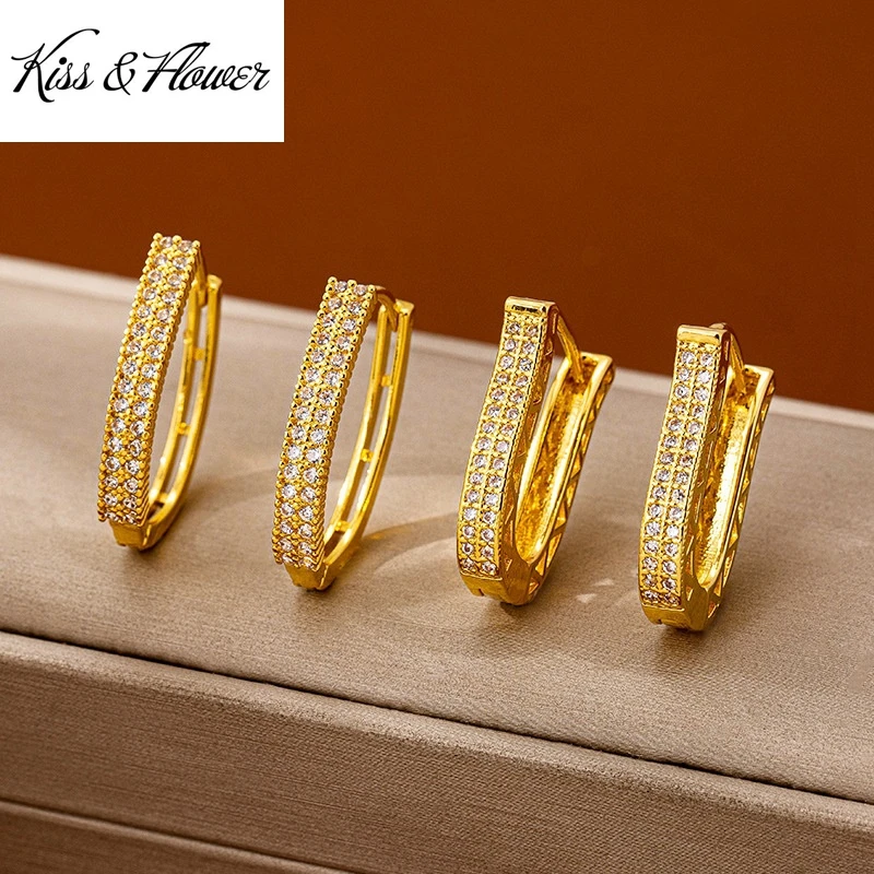 

KISS&FLOWER Gold Shiny Luxury U Hoop Earrings For Women Wedding Party Birthday Christmas Bride Mother Girlfriend Lady Gift ER507