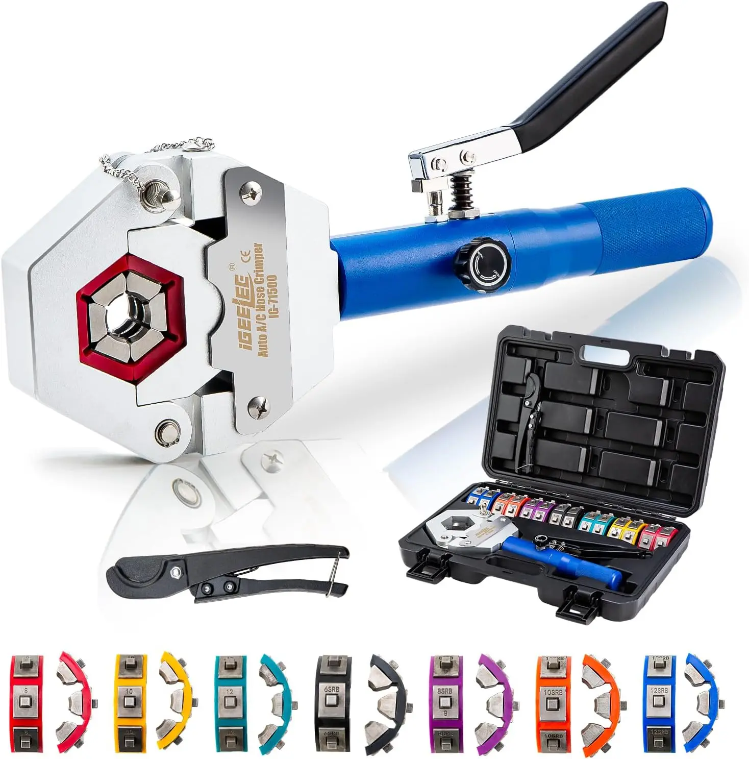 Outil de sertissage de flexibles hydrauliques pour la réparation de climatiseurs avec 7 matrices, compatible avec les raccords à barbelures et à rebord. |   IG-71500