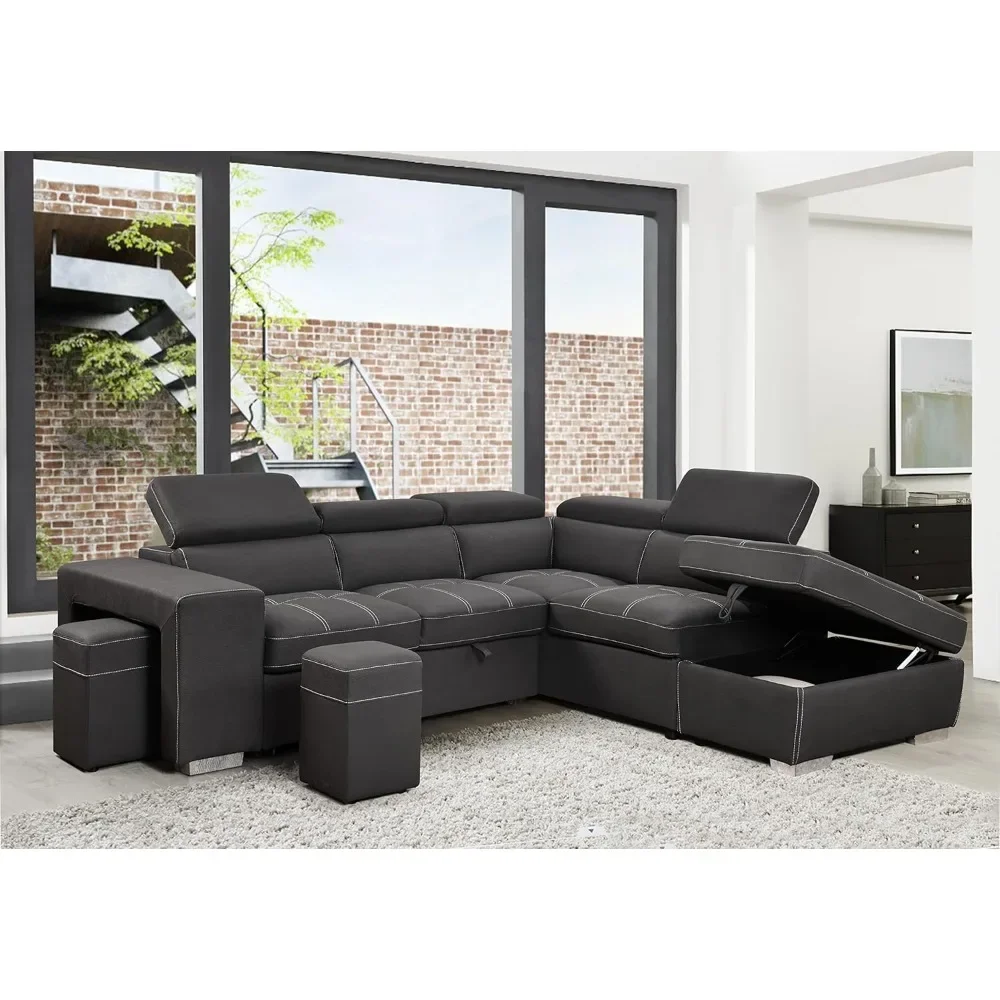 Microfiber Sectional Sleeper Sofa with Pull-Out Bed, Chaise & Storage Ottoman. 5 Seater L-Shaped