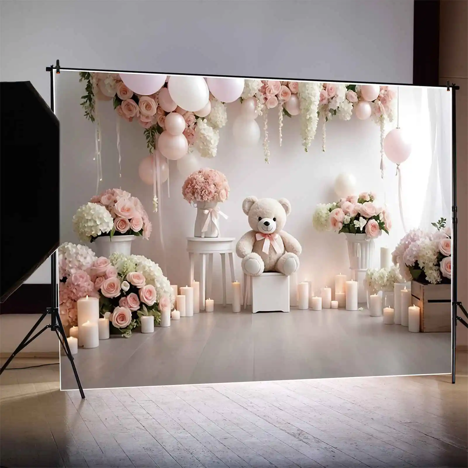 MOON.QG 꽃 풍선 생일 배경 어린이 테디 베어 꽃 화환 배경, 맞춤형 파티 포토콜 소품, 1 년