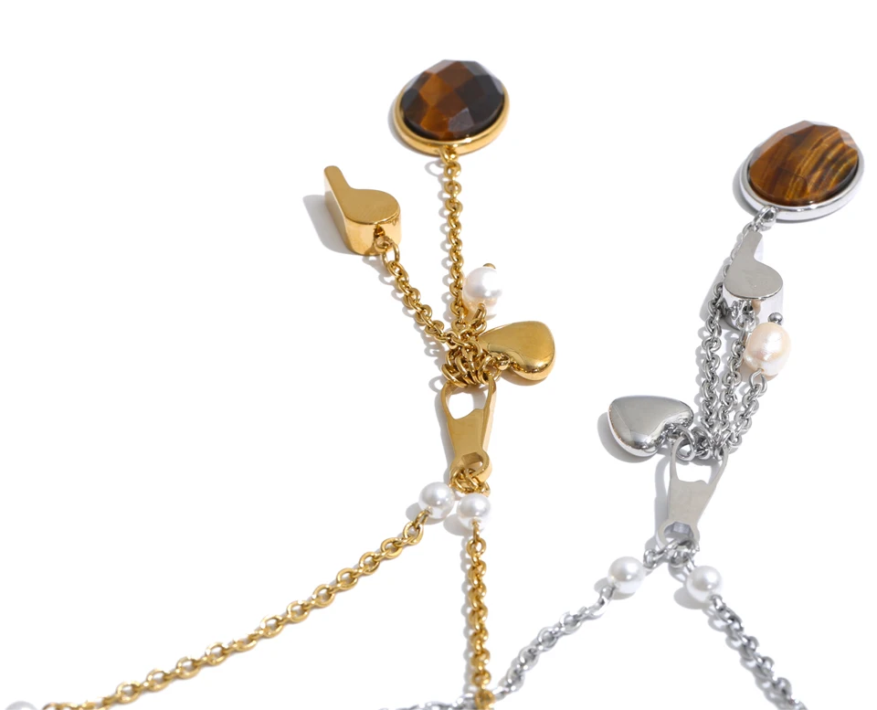 Yhpup Edelstahl Y-Kette mit Tigeraugen-Stein und Perlen-Anhänger, wasserdichte Halskette, Neuheiten, Vintage-Modeschmuck – Detail 2