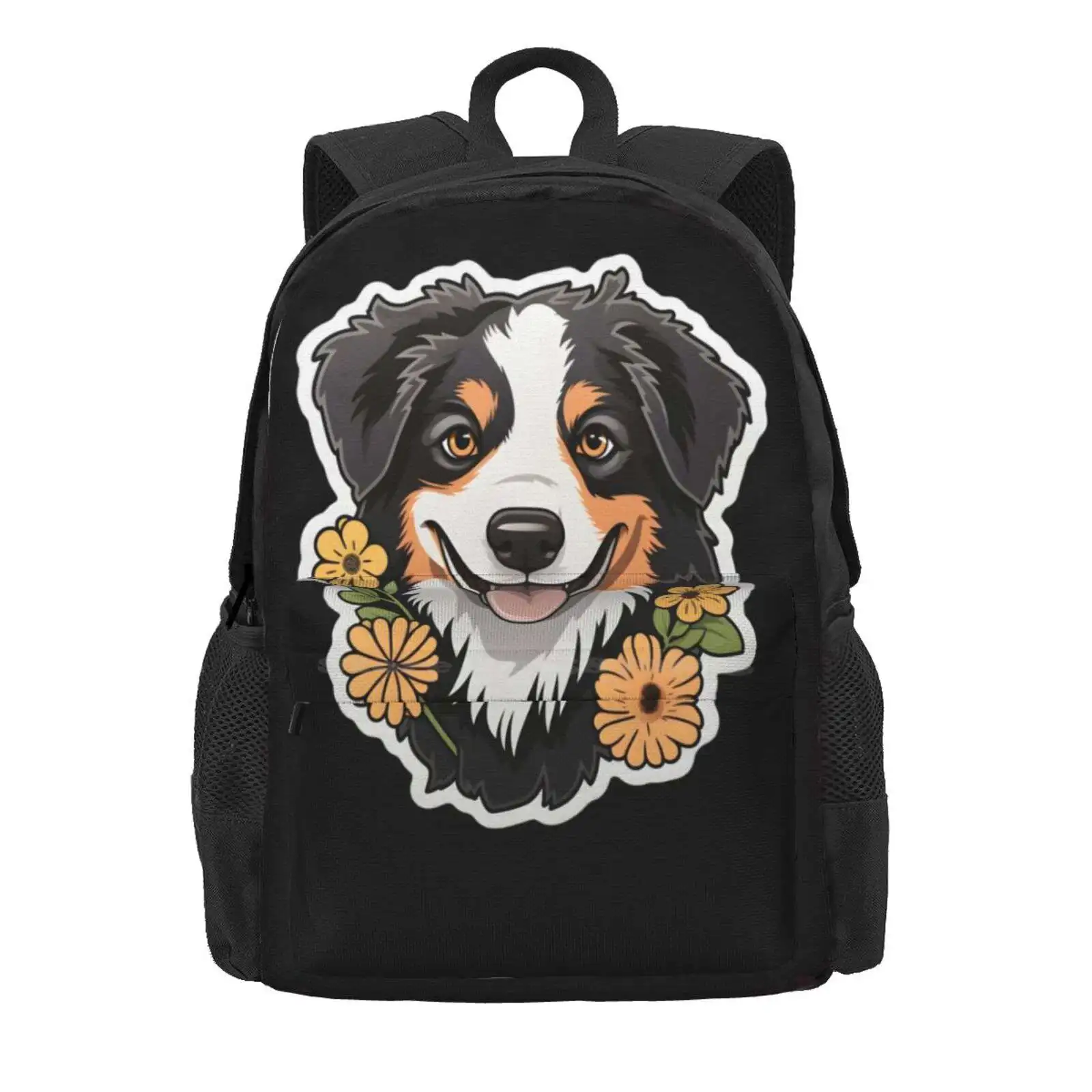 Australian Shepherd With Flowers Hot Sale Schoolbag Backpack Fashion Bags Australian Shepherd Lover Australian Shepherd Owner