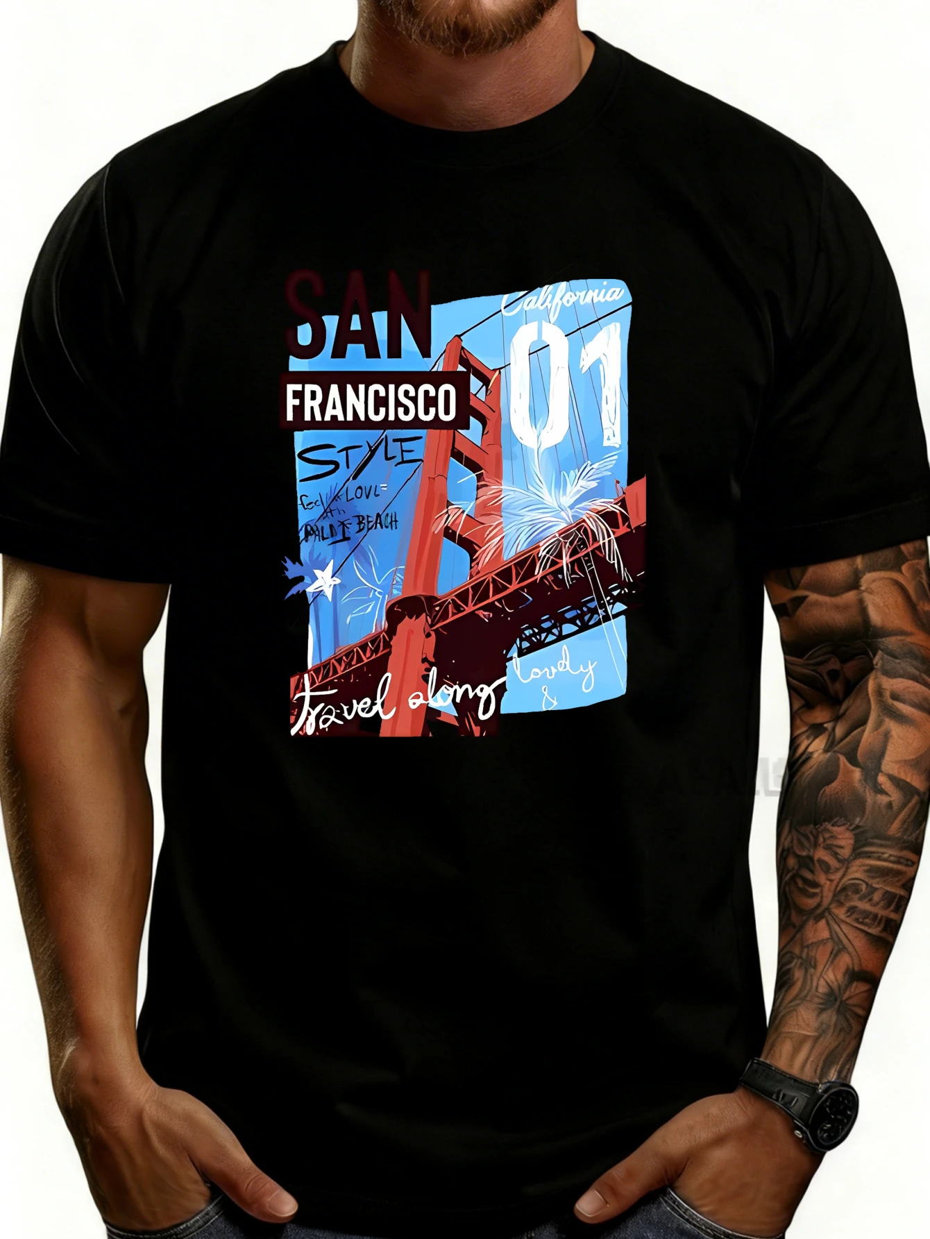 Casual Style Men's T-Shirt with San Francisco Golden Gate Bridge California Travel Theme, Summer Wear, Gift for Travel Enthusiasts